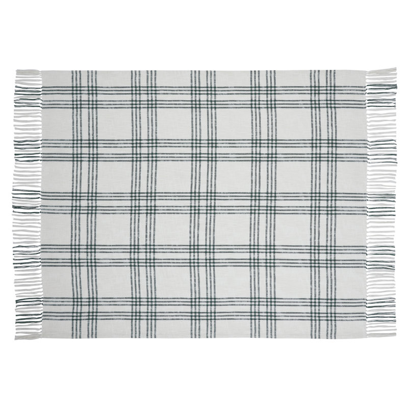 Pine Green and White Cotton Plaid Throw Blanket with Tassels