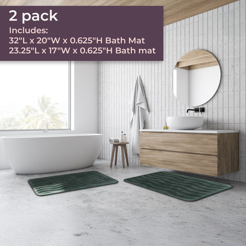 2 Piece Bathroom Rug Set - 32x20 Inch and 23x17 Inch Memory Foam Bath Mats with Textured Wave Print for Stylish Bathroom Decor - Bath Rugs Non Slip Washable Bathmats  (Green)