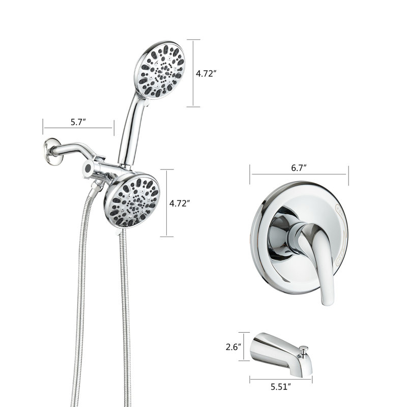 High Shower System With Tub Spout And Valve - 2 In 1 . 7 Spray Patterns Head. Dual, Silver