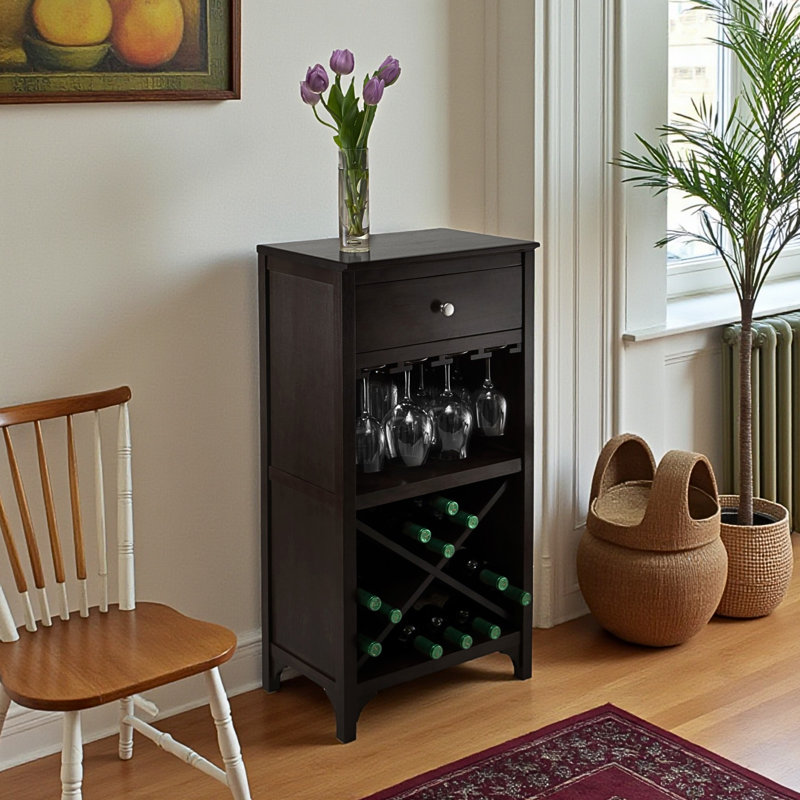 Binns Wine Cabinet With 1 Large Cubby Glass Rack in Espresso Finish, 37.46" H X 12.5" D X 19.25" L