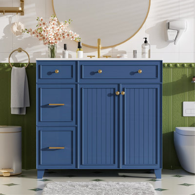 Meuble-lavabo de 36 po avec lavabo en céramique, tiroirs standard et double couche, portes à fermeture en douceur, tablettes réglables, armoire de rangement moderne pour petites et moyennes salles de bain