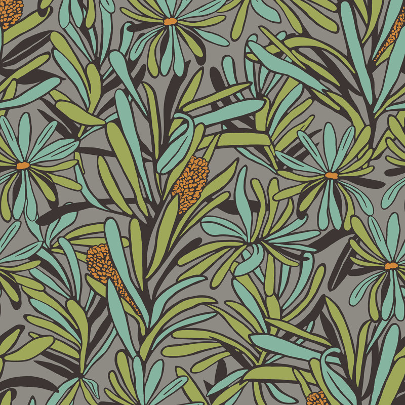 Papier peint gris et orange Fandango Bloom, Gris