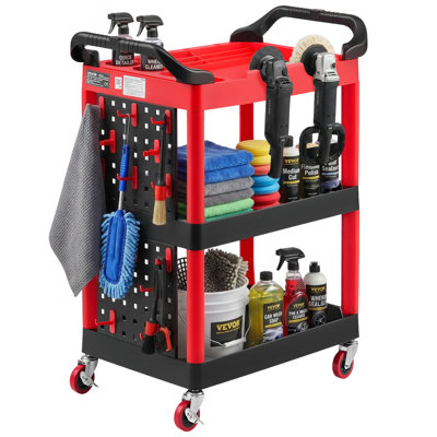 Chariot utilitaire, capacité de 136 kg, chariot de service à 3 niveaux avec roues pivotantes à 360° (dont 2 avec freins), en plastique robuste, avec plateaux et panneaux perforés, rangement d'outils pour garage, entrepôt et atelier de réparation.