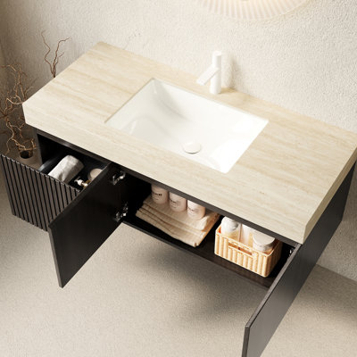 Meuble-lavabo de salle de bain avec lavabo en céramique de 48 po, armoire de rangement en contreplaqué flottant, plateau en pierre frittée, 1 trou de robinet pré-percé, assemblé, rangement spacieux, système de fermeture en douceur