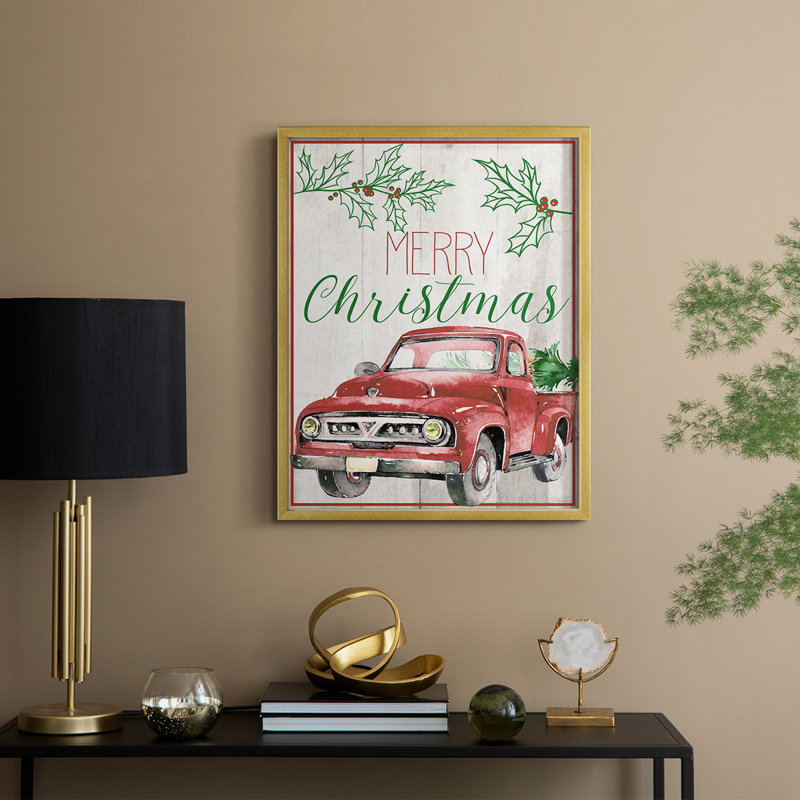 Merry Christmas - camion rouge, reproduction encadrée - bois massif, H 30 po x l 24 po, Doré