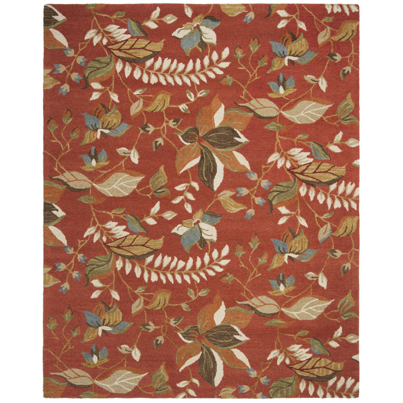 Tapis de couleur rouille en laine / coton / latex crocheté à la main à motif floral Emrick, Rectangle 8 pi x 10 pi