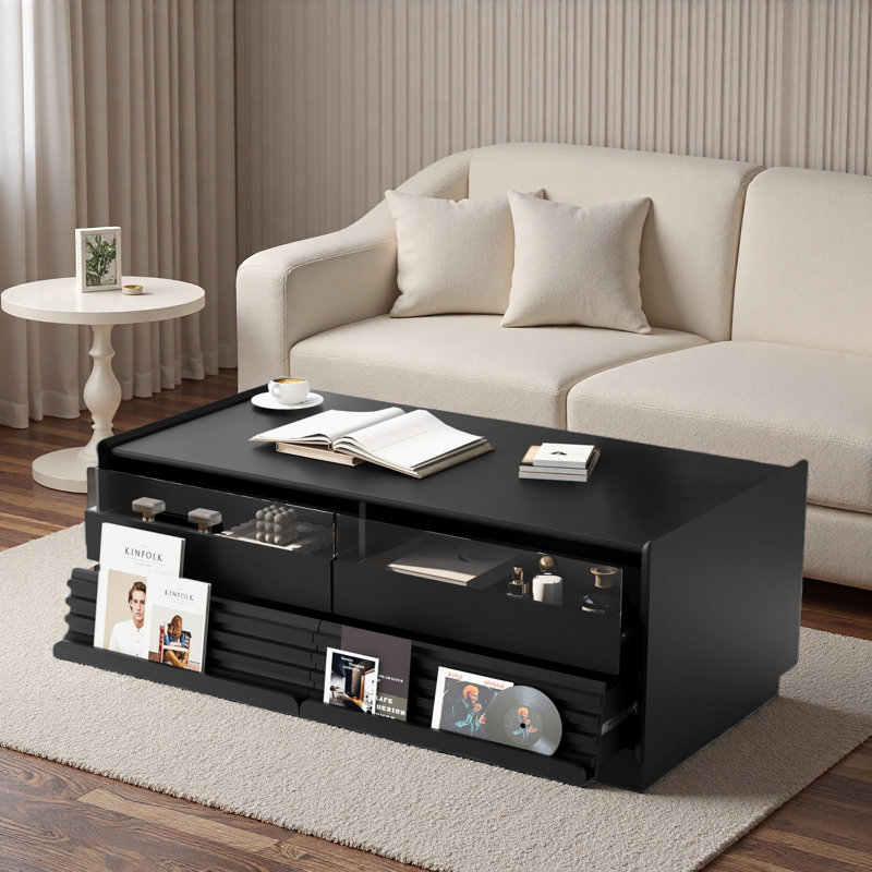 Table basse moderne moderne avec 4 tiroirs et 2 tablettes, Noir
