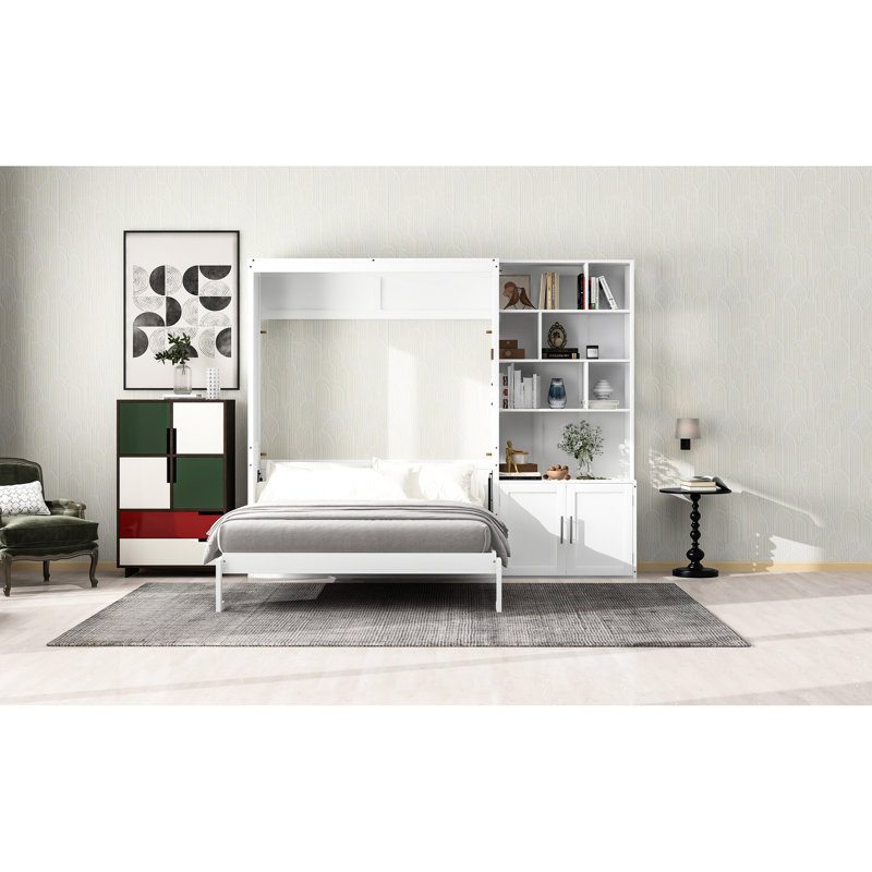 Lit double blanc avec de grandes tablettes de rangement et une armoire - Intègre une fonction tendance dans la chambre à coucher