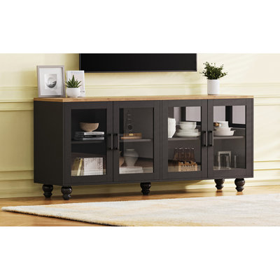 Meuble télé avec portes en verre trempé pour téléviseur de 70 po, noyer noir foncé, tablettes réglables, pieds en bois massif compatibles avec le buffet et apparence élégante