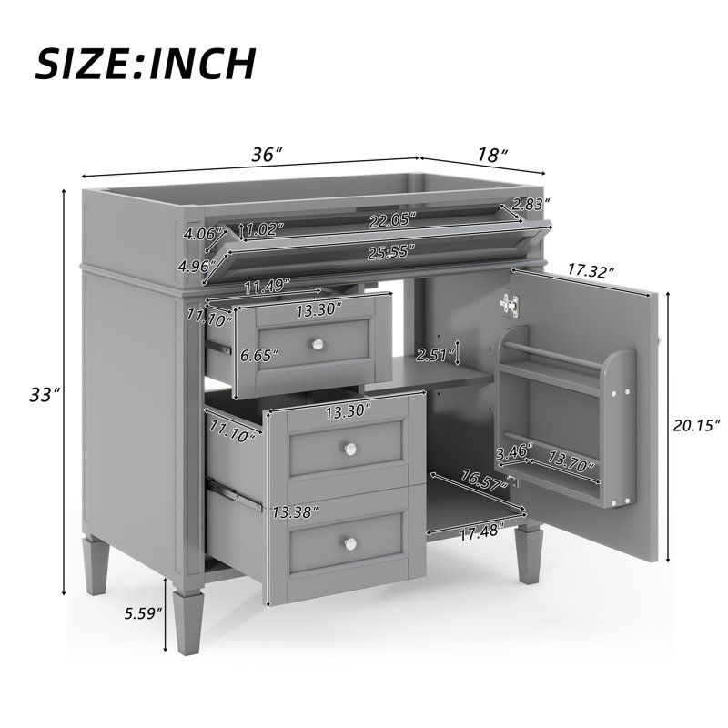 Base de meuble-lavabo moderne Koda de 36 po avec cadre en bois massif et pieds romains élégants (lavabo non inclus), Gris