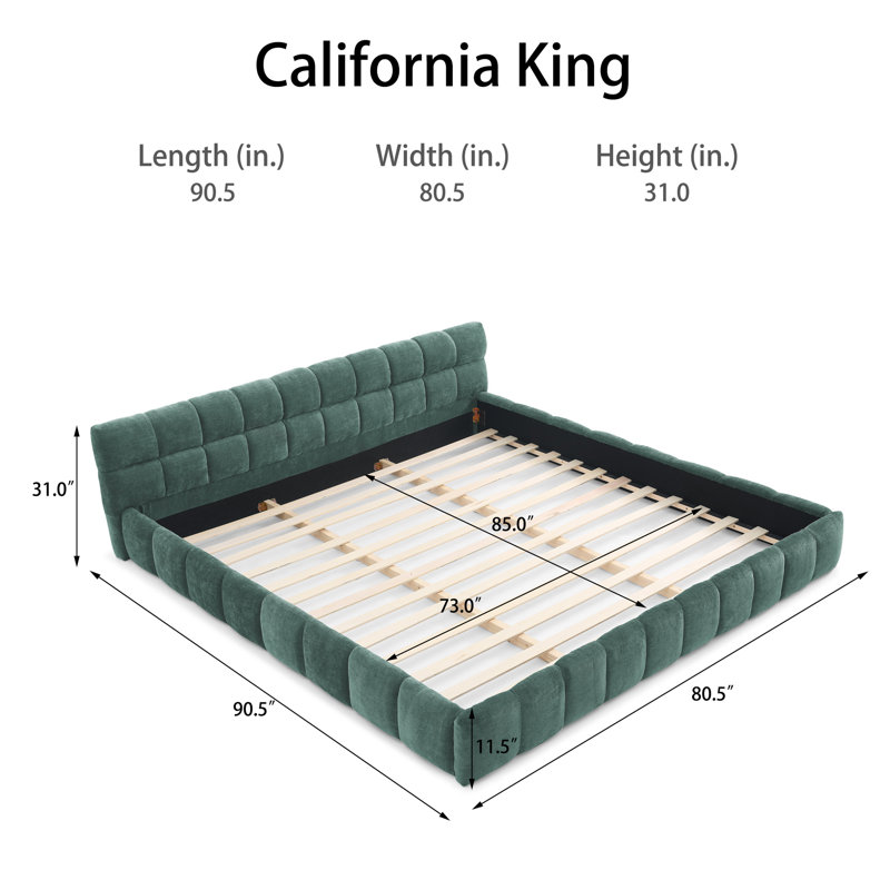 Chenille Upholstered Bed Frame With Headboard, Bluish Green, California King