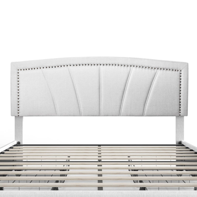 Full Size Storage Bed Frame Upholstered Low Profile Traditional Platform With Tufted And Nail Headboard/no Box Spring Needed/4 Pull Out Drawers/white Faux Leather…