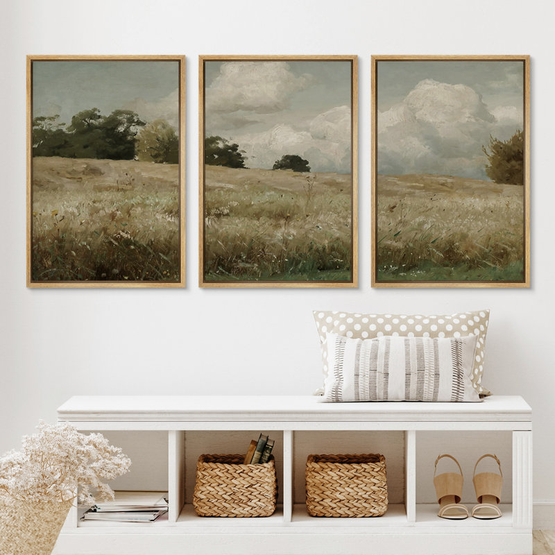 Rustic Clouds Meadow Landscape Vintage Wood Nursery Decor Framed Canvas 3 Pieces Print Wall Art, 24" H x 16" W, Natural