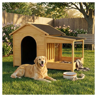 60.2" Large Outdoor Dog House with Porch, Insulated Winter Dog Kennel with Waterproof Asphalt Roof and Elevated Floor for Medium & Large Dogs