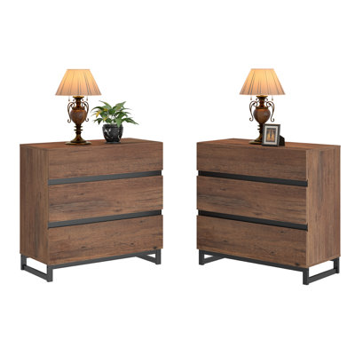 Table de chevet avec 3 tiroirs pour la chambre à coucher Aadam, table de chevet moderne avec pieds en fer carrés, table de bout en bois rustique pour le salon