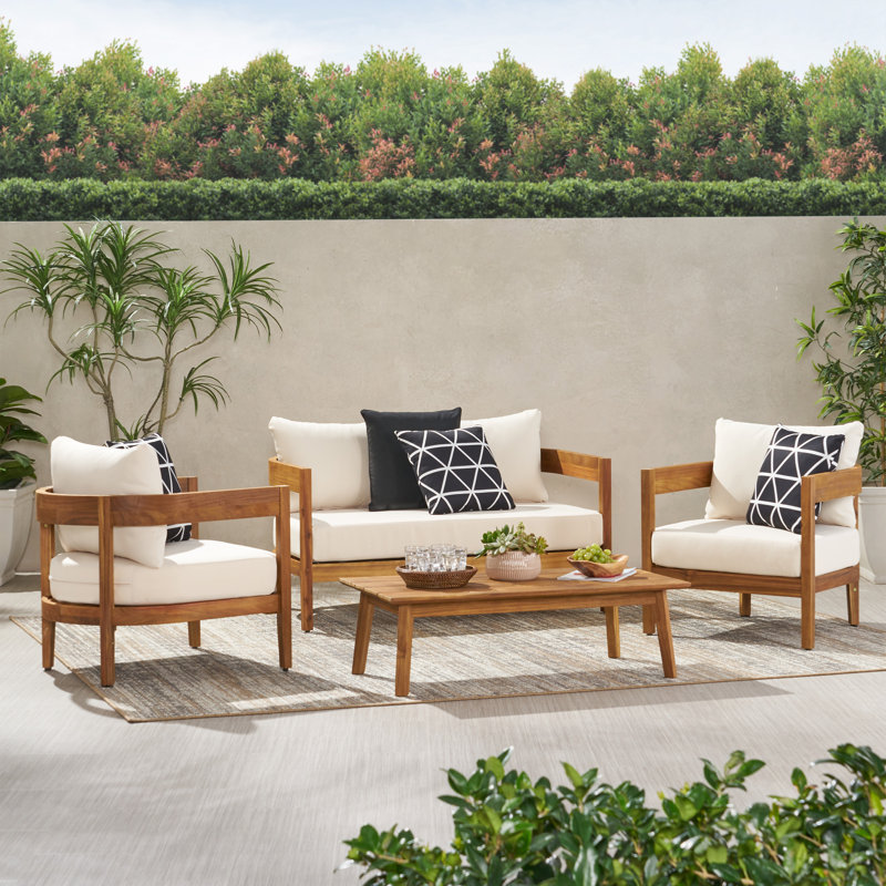 Teak Wood Outdoor 4-Piece Patio Set with Beige Cushions