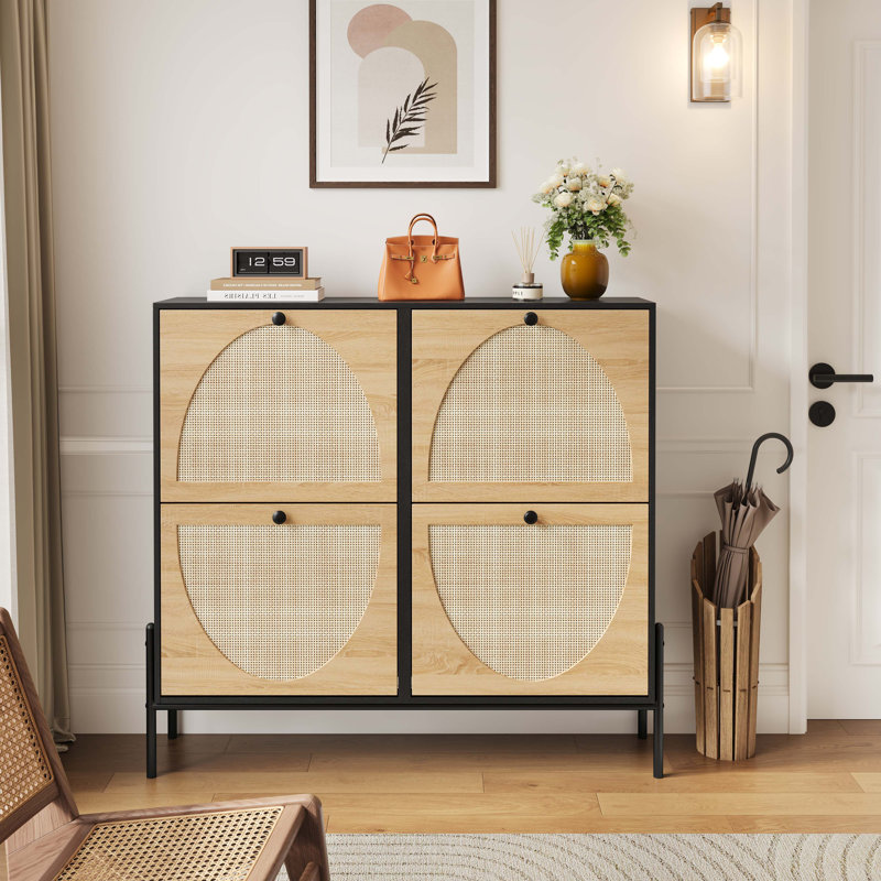 Space-Saving Rattan Shoe Cabinet With 4 Flip-Down Doors – Elegant Narrow Storage For Entryways & Hallways, Black