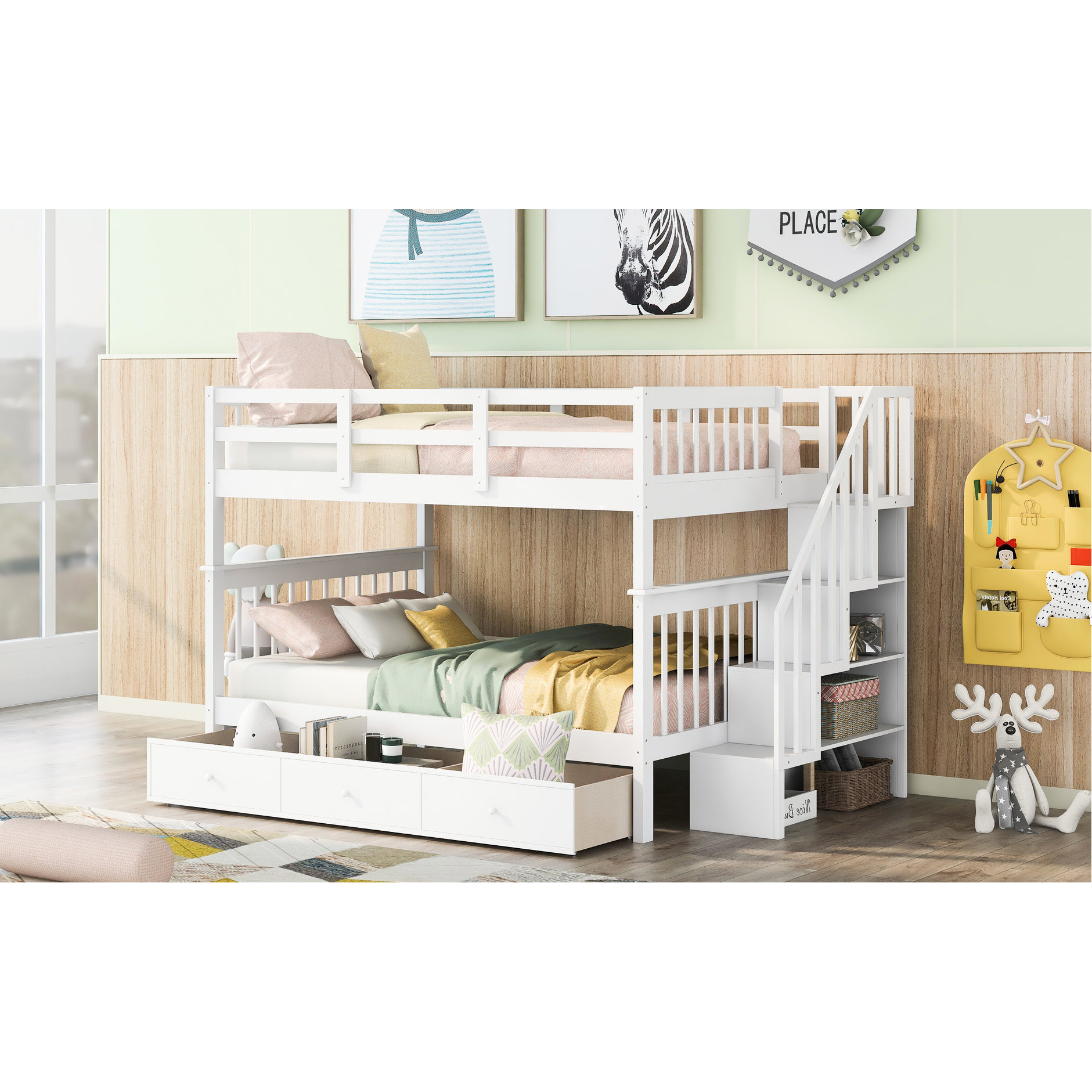 Latitude Run® White Full - Over Stairway Bunk Bed, Bedroom Storage ...
