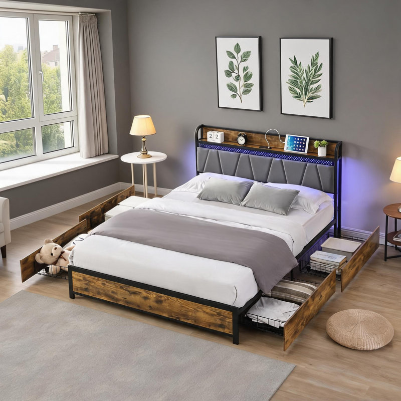 Storage-Equipped Full Size Platform Bed, Metal and MDF Neutral Gray, With Built-in Charging Station and RGB LED Lights For Bedroom