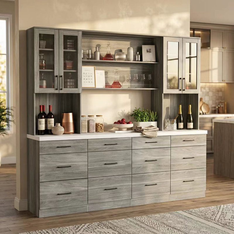 94.5" Wide Large Wine Bar Cabinet With 12 Drawers & Glass Doors, Gray