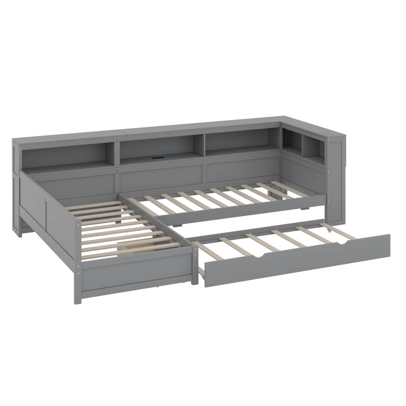 Lit plateforme en L avec lit gigogne, lit de jour avec tablette de rangement et station de charge, structure de lit d'angle simple en bois