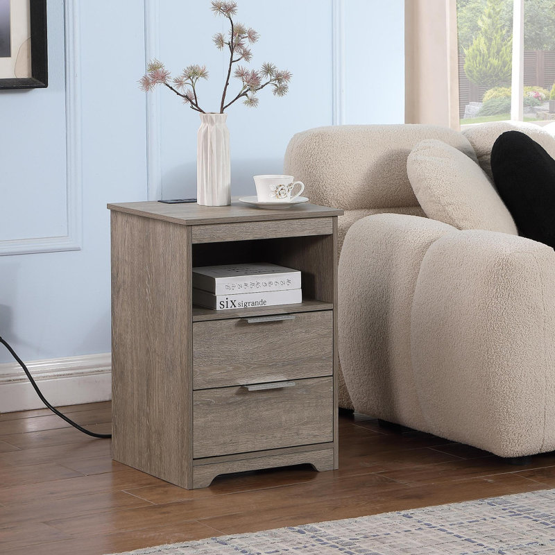 Table de chevet avec station de charge, table de bout avec 2 tiroirs, table de bout en bois avec tiroir et tablette d'ouverture, table d'appoint pour chambre à coucher