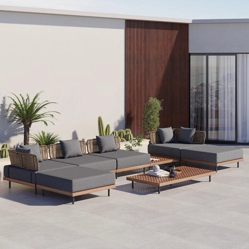 Ensemble de canapé modulaire en teck et aluminium 8 pièces avec table basse, Gris
