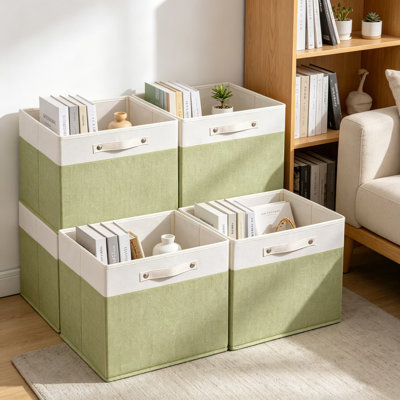 Large Foldable Fabric Linen Cube Storage Bins, 13x13x13 Inch, 4-Pack with Cotton Handles, for Closet Shelves Home Organization, Green