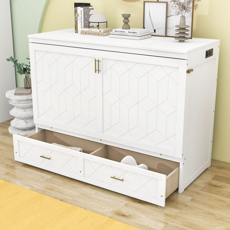 Lit escamotable en bois avec tiroir et prises de courant et ports USB, Grand, Blanc