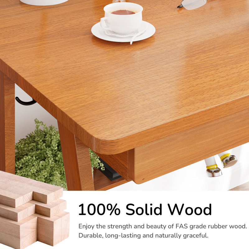 100% Solid Wood Writing Desk - Mid Century Modern Desk, Home Office Desks With 2 Drawers And Storage Shelf, Small Computer Desks, Study Makeup Workstation For Bedroom/living Room,