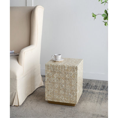 Tabouret carré crème de 14 x 14 x 18 po, motif, base en laiton, fonctionnel pour les maisons modernes