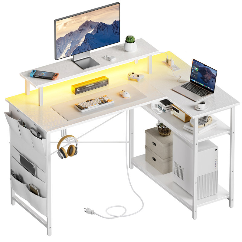 HLDIRECT 43 Inch L Shaped Computer Desk with Power Outlet, Gaming Corner Desk with LED Lights, Home Office Table with Storage Shelves & Monitor Stand for Bedroom, White