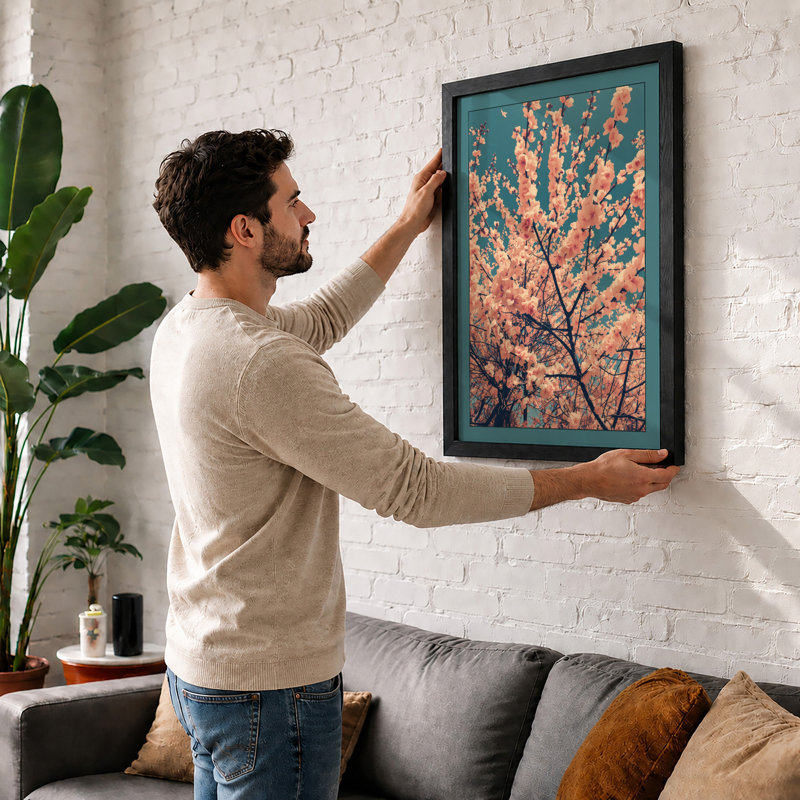 Moonlit Cherry Blossom Botanical - Framed Print, A1 - 84.1 x 59.4 cm, White