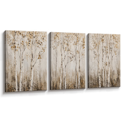 Neutral Birch Tree Forest Landscape Artwork, Bedroom Pictures, Framed Canvas Giclee Print 3 Pieces Wall Art