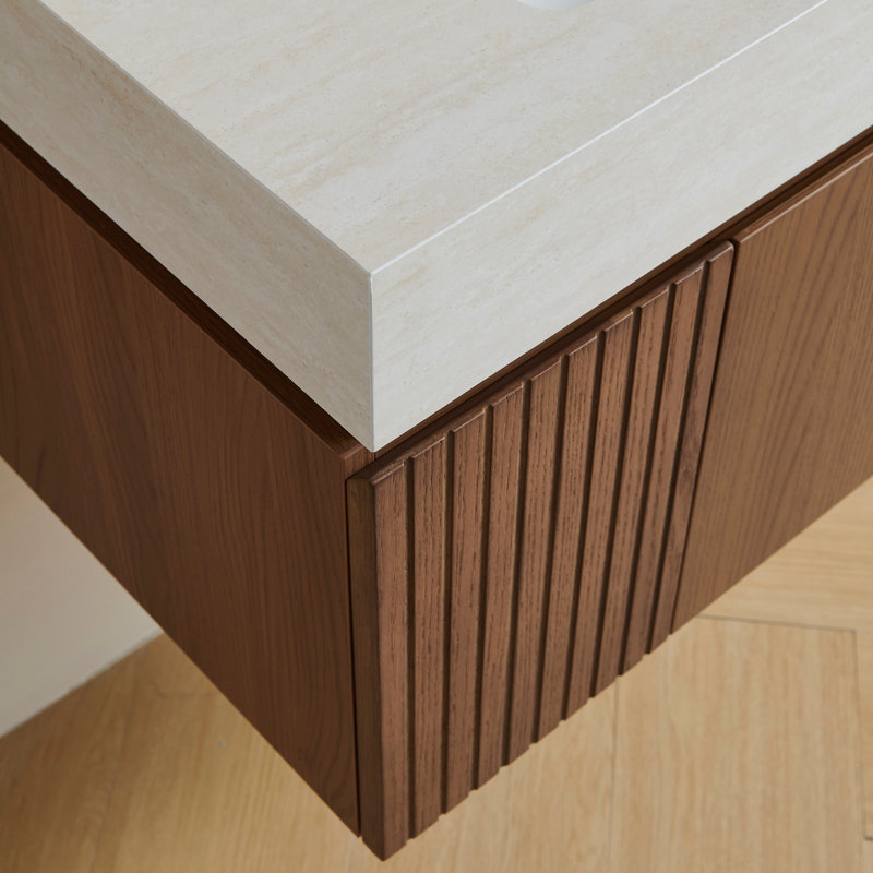 Valenza Modern Bathroom Vanity with Travertine-Pattern Sintered Stone Countertop and Ceramic Basin, Espresso