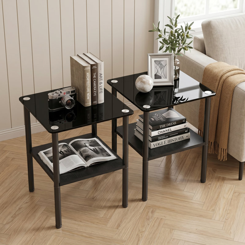 Ensemble de 2 tables d'appoint modernes en verre avec tablette de rangement en MDF et pieds en métal pour le salon