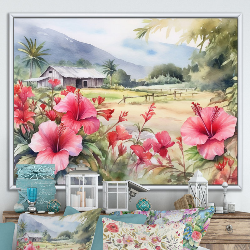 Hibiscus rose, vert, harmonie tropicale II sur toile, Cadre flottant blanc, H 30 po x l 40 po x P 1,5 po