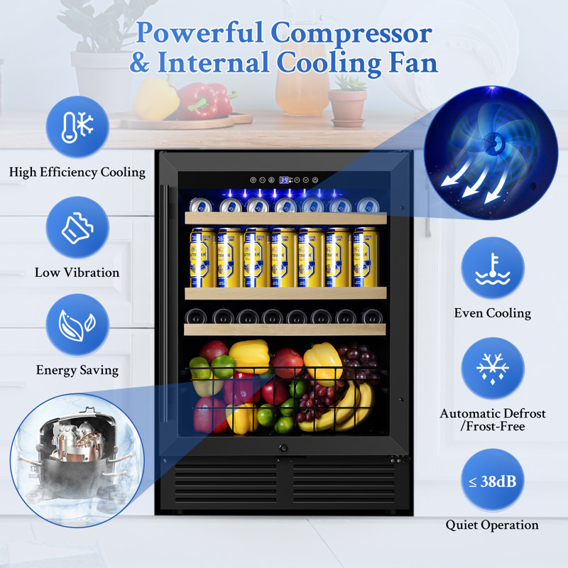 24-Inch Beverage Refrigerator Holds 190 Cans, Versatile Built-In or Freestanding Cooler with 2 Door Handles, Storage Baskets, Available in Three Colors: Silver, Black, and White