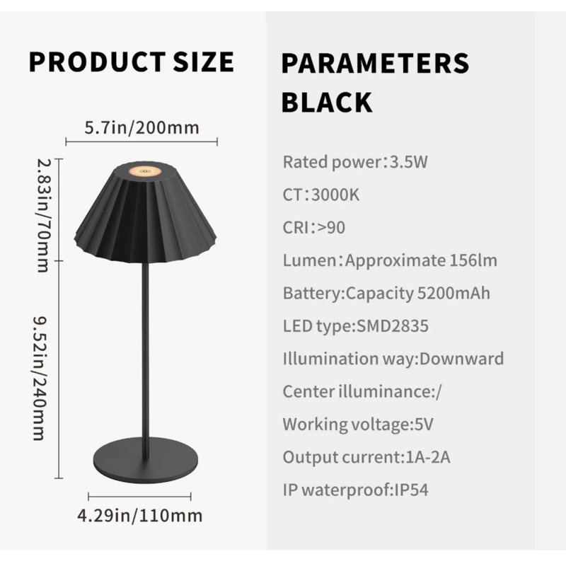 Elysium Cordless Rechargeable LED Table Lamp Waterproof, Touch & Dimming, Customizable Colors, Black