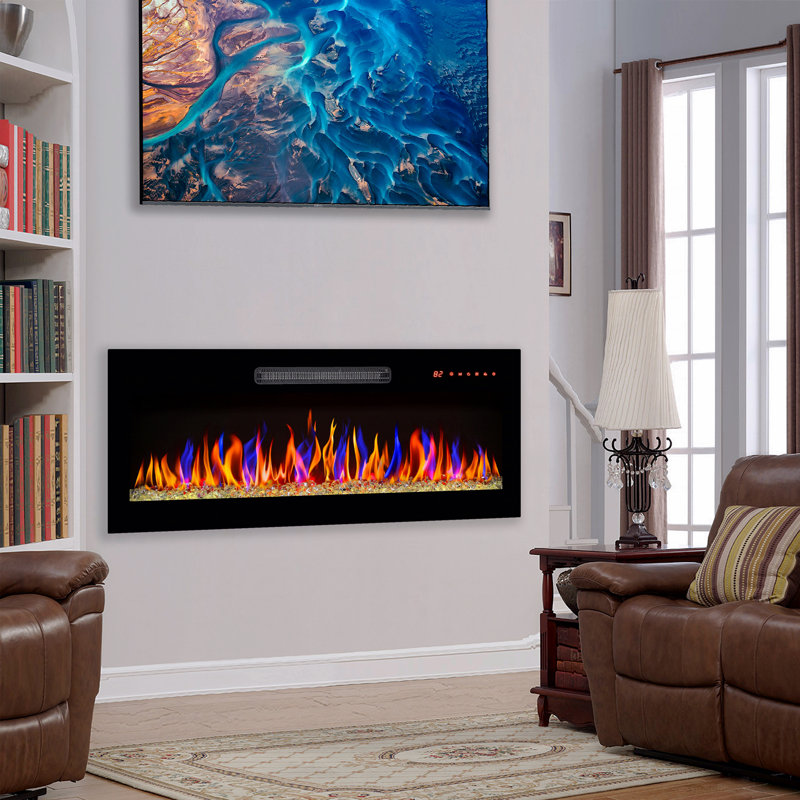 Recessed Tempered Glass Front Wall Mounted Electric Fireplace With Remote, Multi-Color Flame & Ember Bed, LED Light Heater