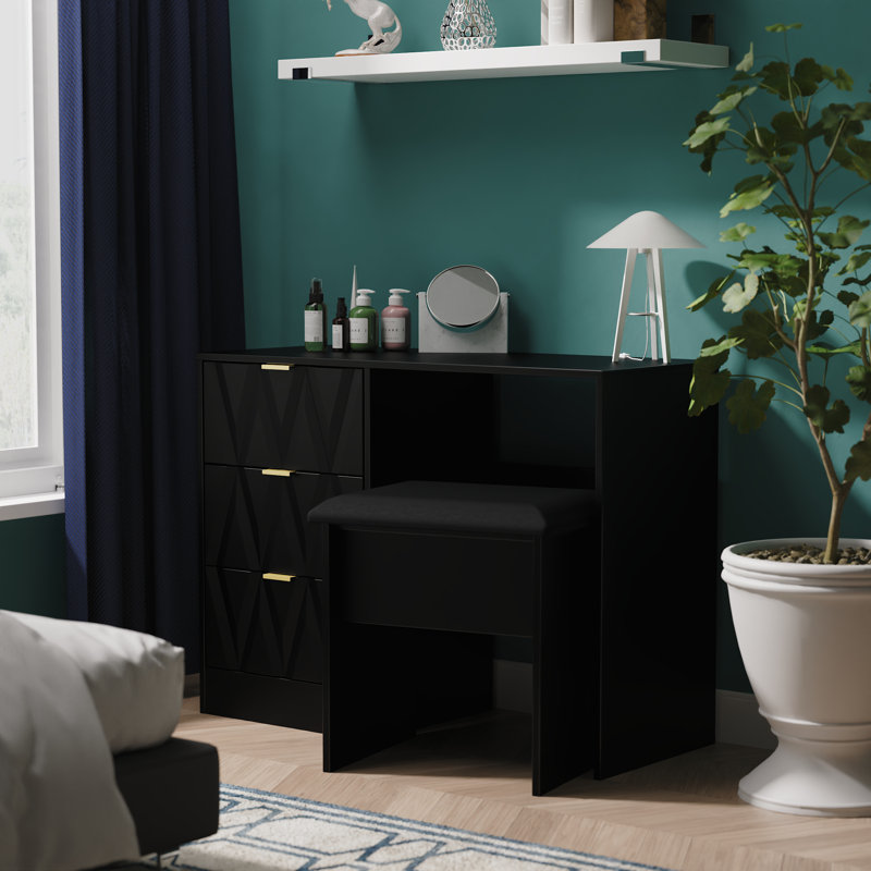 Besmir 3 Drawer Vanity (Ready Assembled), Deep Black/Black Matt