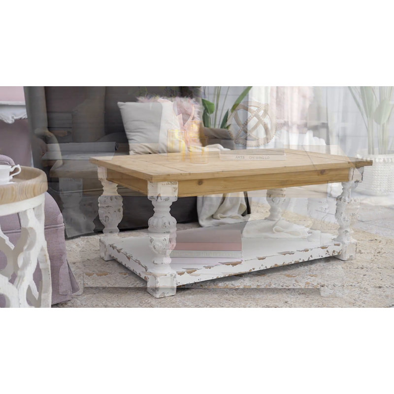 Whitewash Fir Wood Rectangular Coffee Table with Storage and Carved Legs