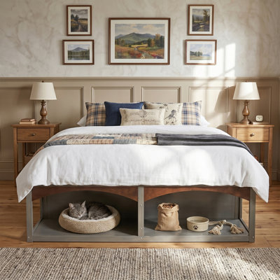 King Bed Frame with Storage Drawers, No Headboard Platform Bed with Light, Pet-Friendly Design, No Box Spring Needed, Modern Minimalist Style-Antique Gray