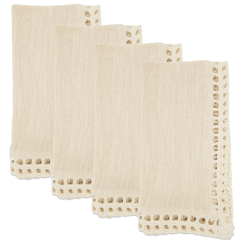 Off-White Cotton Table Napkins with Netted Trim, Set of 4