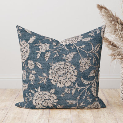 Navy Blue Beige Floral Pillow Cover