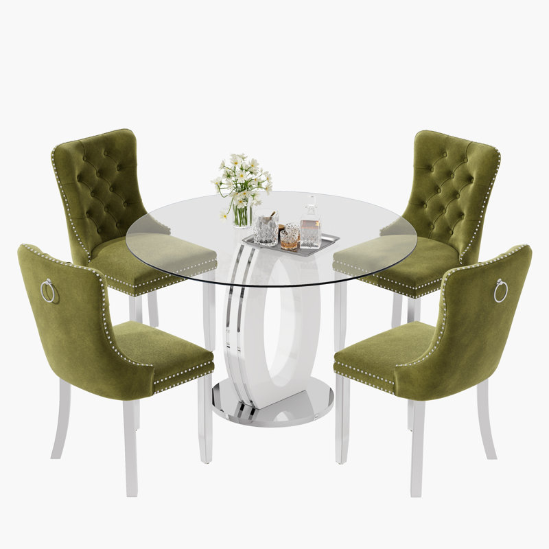 Ensemble de salle à manger 5 pièces, Vert olive, Blanc / argenté