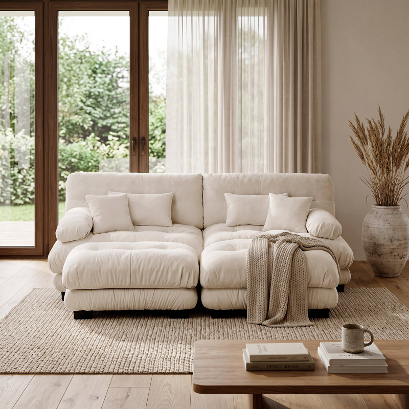 Sofa-lounge 2 places Soft Light Coffee Chenille avec coussins moelleux pour salon d'appartement, 2 sièges + 2 repose-pieds