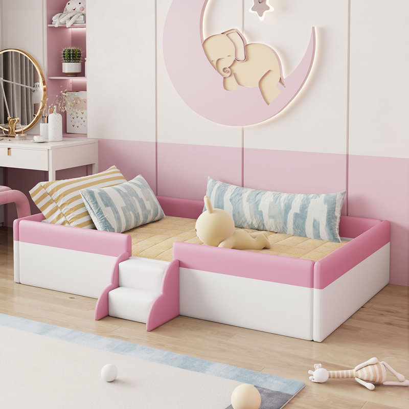 Lit plateforme tapissier avec escalier, Très grand, Rose
