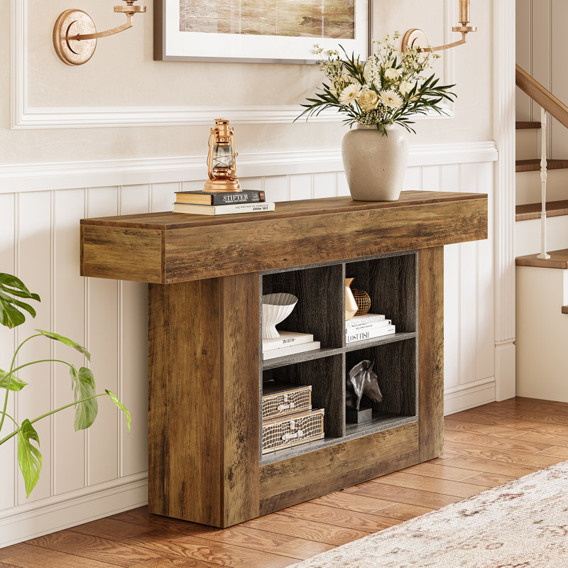 63" Long Console Table, Rustic Entryway Table With 4 Storage Cubes