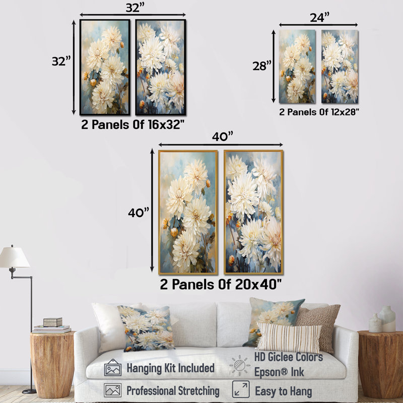 «Beige Mums In Bouquet Bliss» - Ensemble de 2 impressions sur toile de mamans, Encadrement doré, H 28 po x l 25 po
